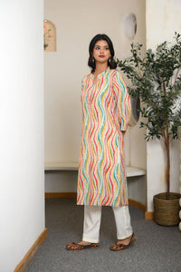 Ivory Foil Print Rayon Long Kurta