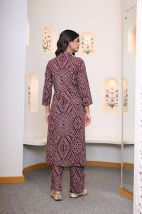 Wine Bandhej Collar Kurta