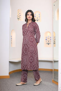 Wine Bandhej Collar Kurta