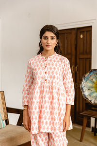 White Coral Booti Flared Short Kurti