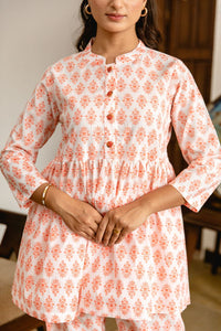 White Coral Booti Flared Short Kurti