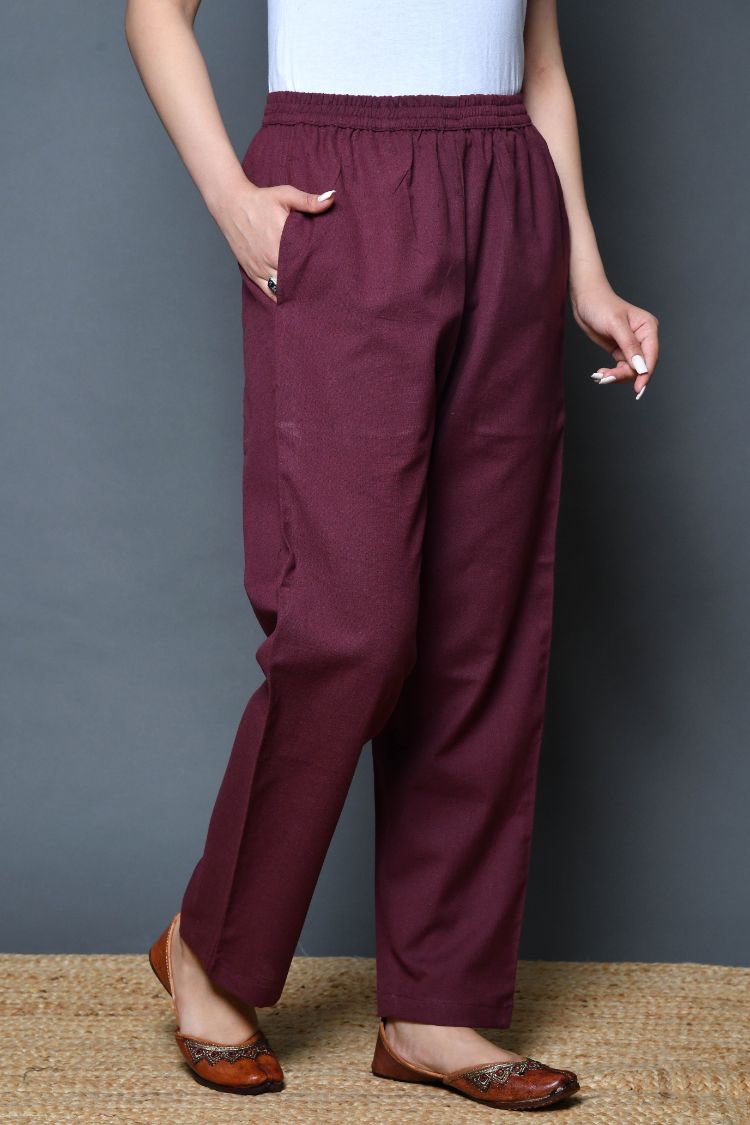 Buy Maroon Handcrafted Cotton Flex Pants for Women | FGPT22-33 | Farida  Gupta