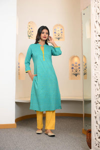 Firozi Bandhej Hand Embroidered Kurta